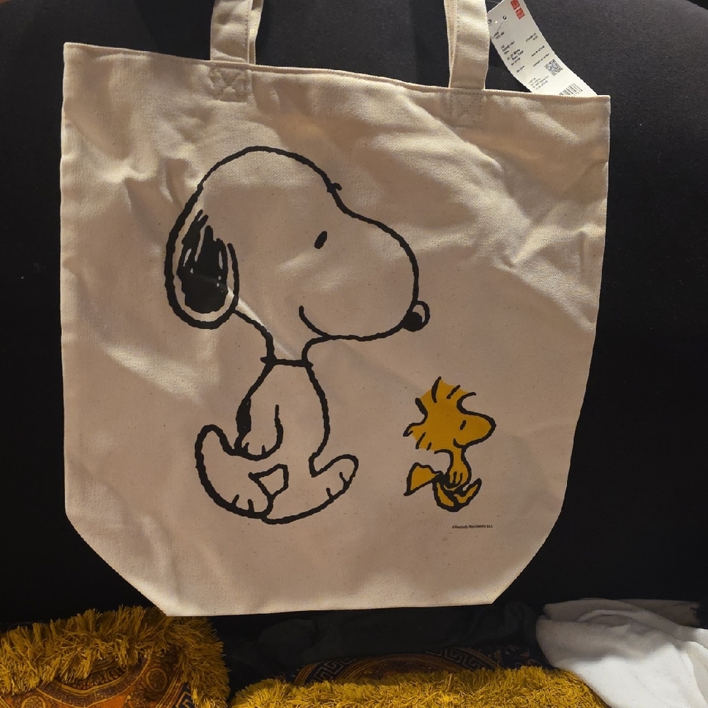 Peanuts Official Snoopy And Woodstock Uniqlo Off White Canvas Tote Bag